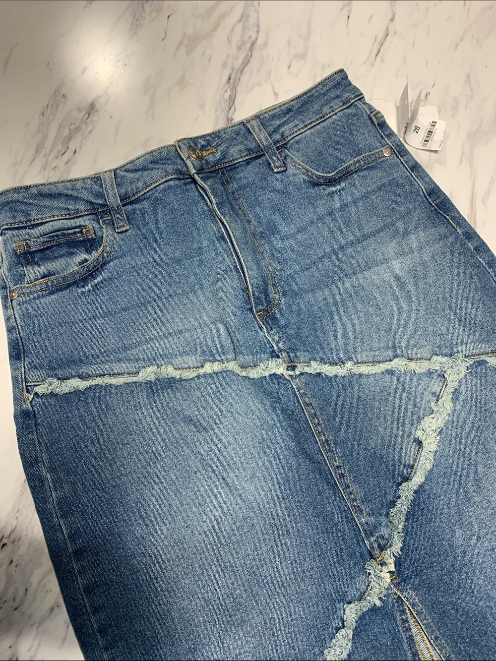Frayed-Trim Blue Denim Maxi Skirt with Front Slit - Picture 3 of 9